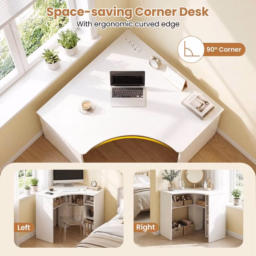 Gymax White Triangle Corner Computer Desk with Storage Shelves – 3