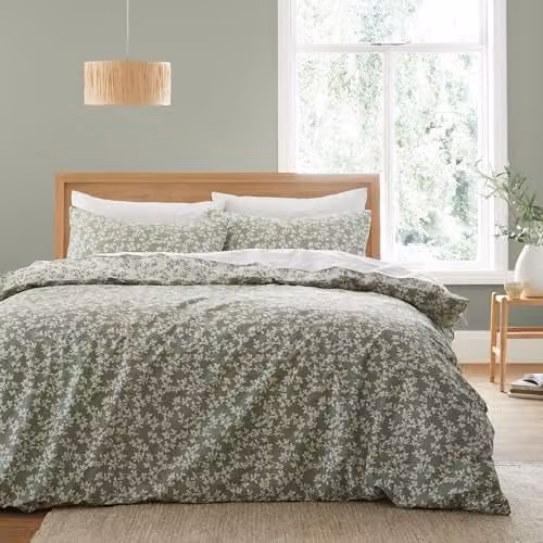 Bianca Shadow Leaves Reversible 200 Thread Count Cotton Percale Duvet Cover and Pillowcase Set, Green, Duvet Cover: 180 x 200 cm, Pillowcase: 50 x 75 cm – 1