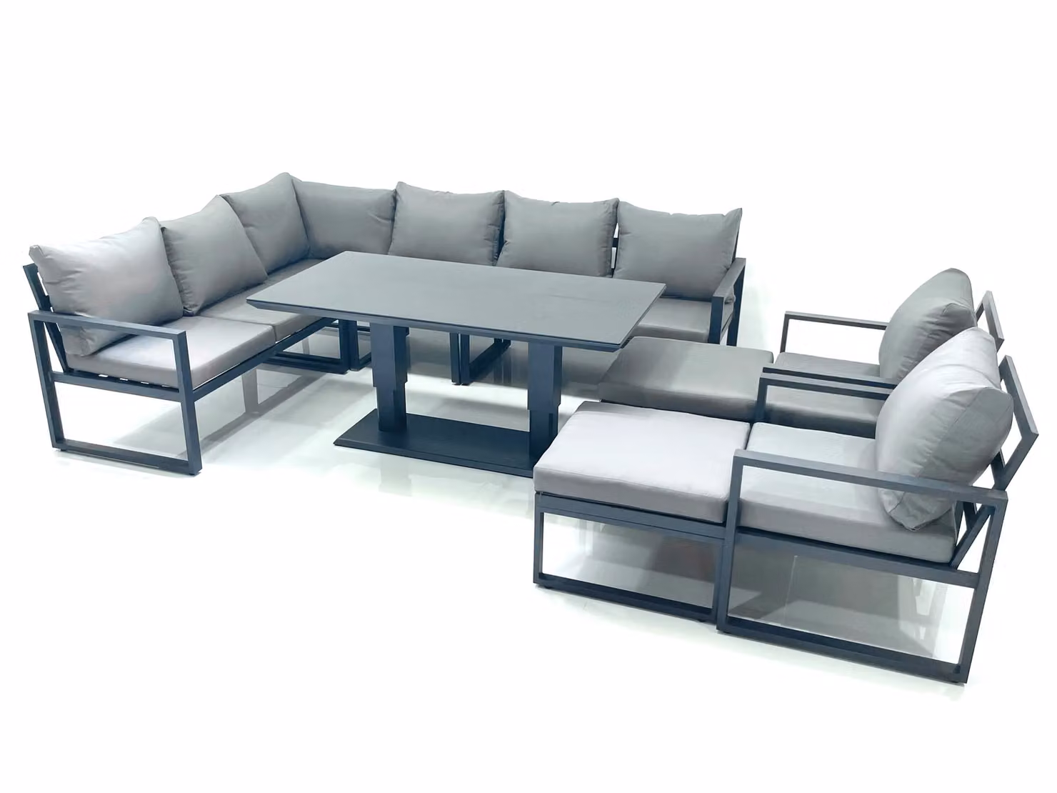 Fimous Aluminium Outdoor Garden Furniture Set in Dark Grey with Corner Sofa, 2 Chairs, 2 Large Footstools and Adjustable Height Dining Table – 2