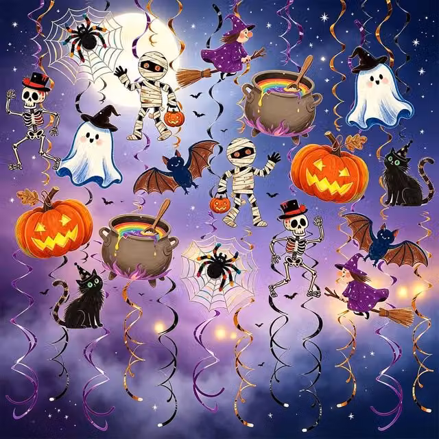 Lovii 48 Pack Halloween Hanging Swirl Decorations in Multicolour Ghost, Pumpkin, Skeleton, Animal and Witch Designs