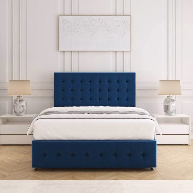 BSSPOKE Eva Small Double Divan Bed Set with 24 inch Plush Velvet Headboard and Mattress in Blue, W/D/H: 120 x 200 cm