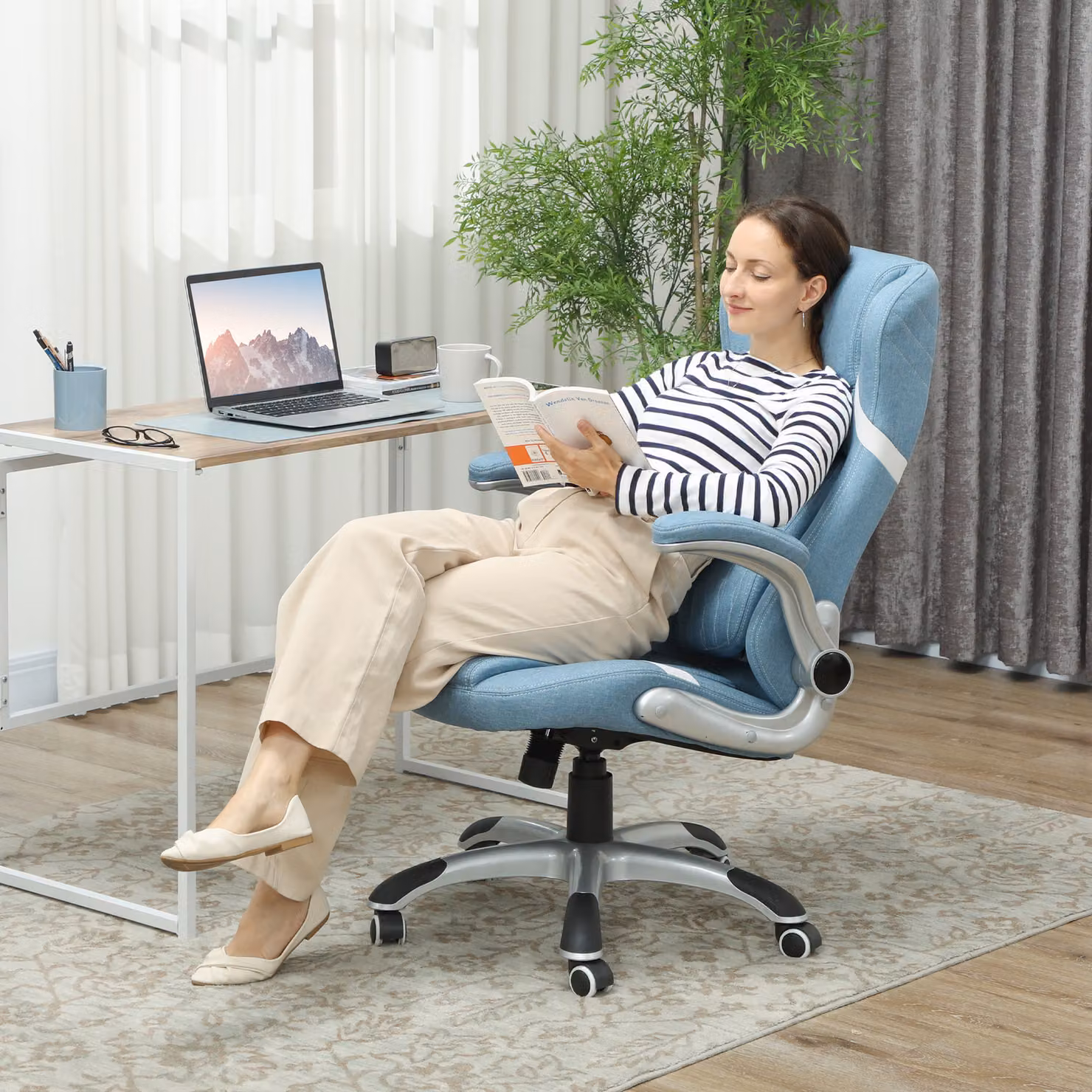 Vinsetto Blue Linen-Look Task Chair with Adjustable Height, Tension and Swivel Function – 2