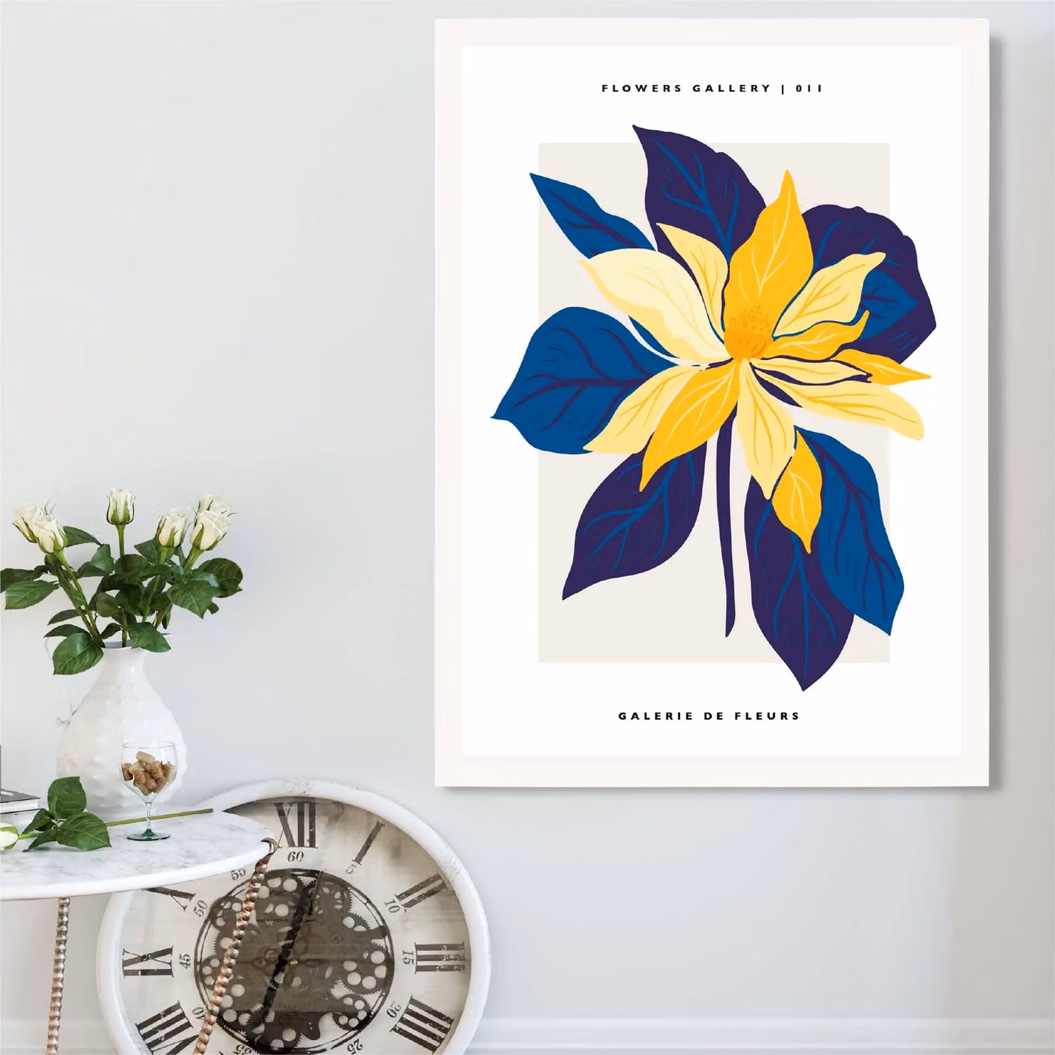 ARTZE Abstract Blue and Yellow Lilly Flower Market Gallery Framed Print in White – 2