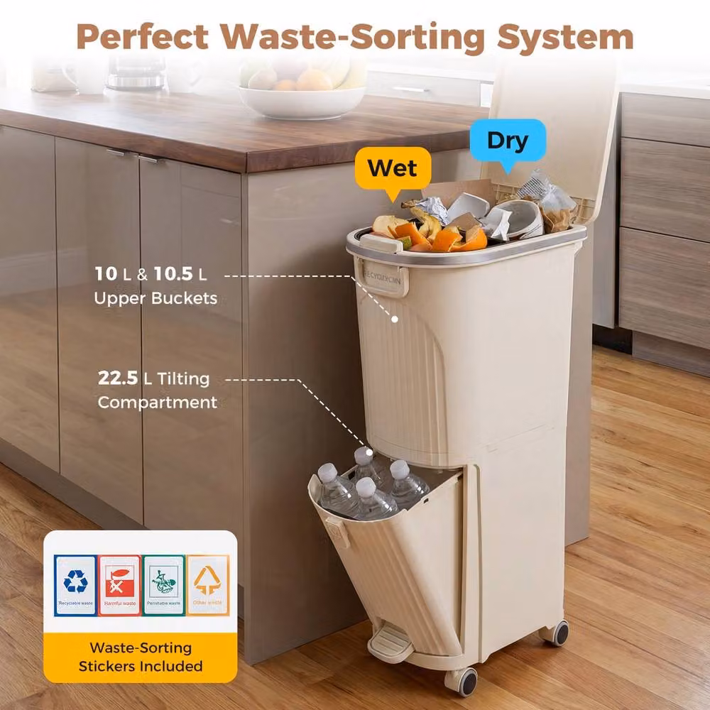 VOGREX 43L Double Sorting Pedal Trash Can with Lid in Beige – 2