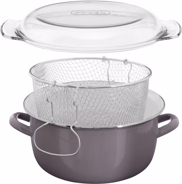 Orsina Cool Grey Enamel Deep Fryer with Steel Basket and Lid