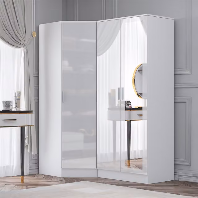 REFLECT Wardrobe Bundle featuring 1 Door Corner Wardrobe and 2 Door Mirror Wardrobe in White Gloss and Matt White
