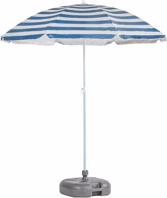 Harbour Houseware Metal Beach Parasol and Base Set in Blue Stripe and Grey