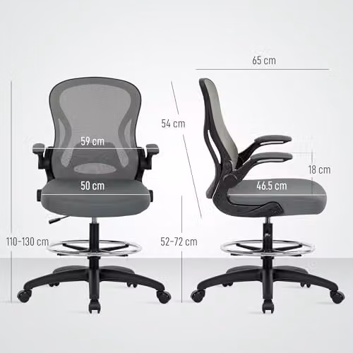 VINSETTO Grey Fabric Drafting Chair with Armrests and Foot Ring – 3