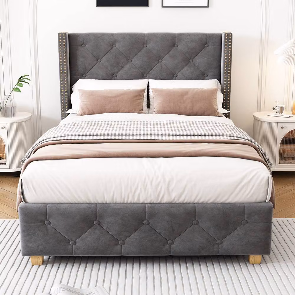 ModernLuxe Grey Velvet Upholstered Single Bed with Headboard and Wooden Legs, W/D/H: 90 x 190 cm – 3
