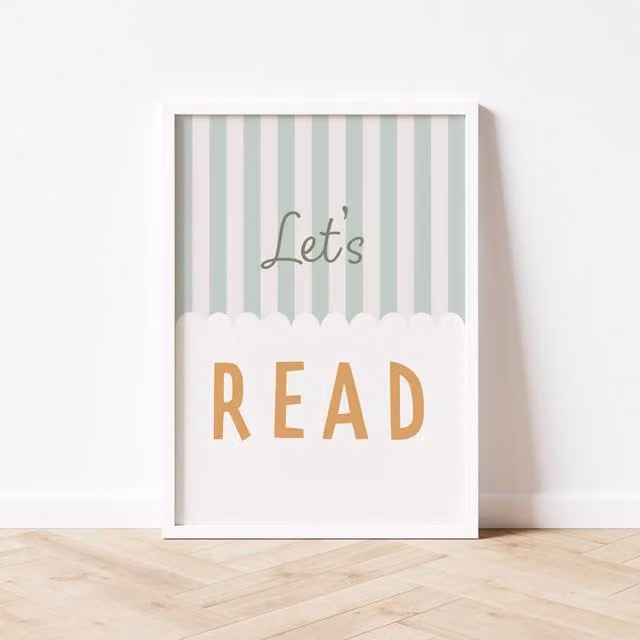 Autumns Corner Let's Read Stripy Edition Typography Paper Poster in Sage and Mustard, A4 – 1