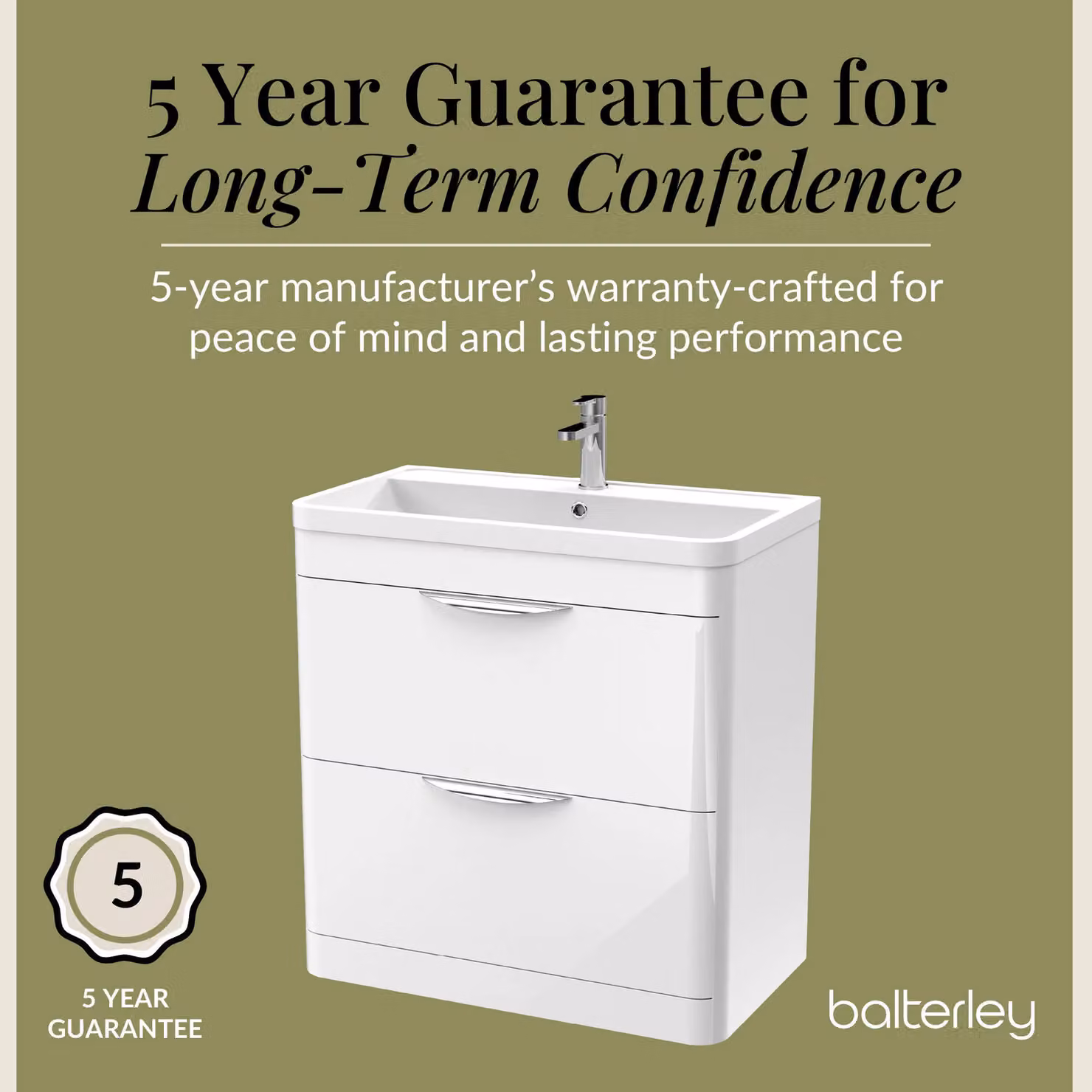 Balterley Gloss White 2 Drawer Floor Standing Bathroom Vanity Unit with Basin, Width: 75.5 cm – 2