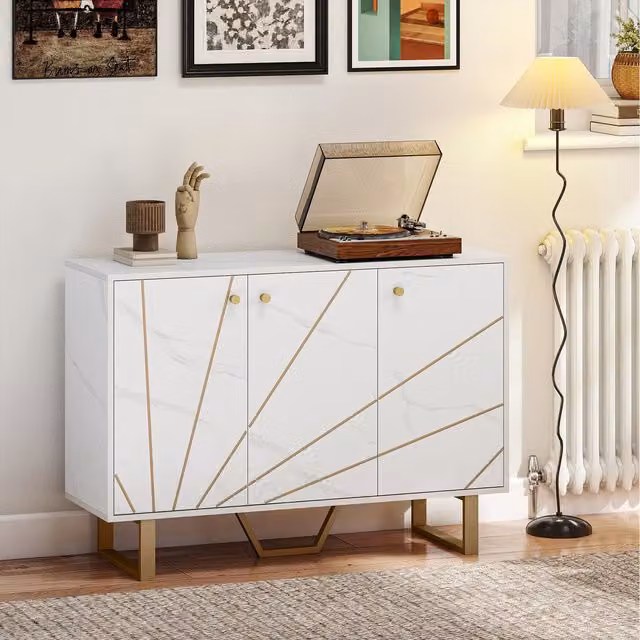 HOMCOM White and Gold Geometric Sideboard Storage Cupboard with Metal Legs for your Living Room or Kitchen
