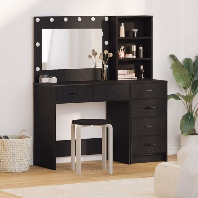 Berkfield Home 2 Piece Modern Hollywood LED Dressing Table Set in Matt Black Engineered Wood