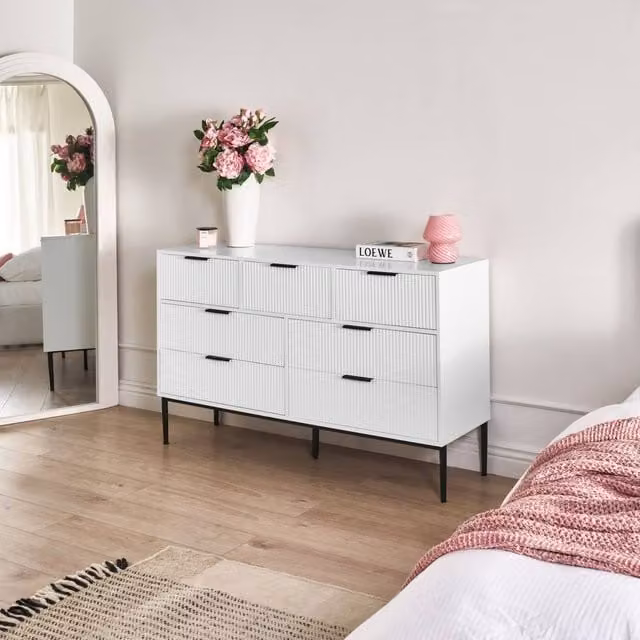 Wyld and Coco White 7-Drawer Minimalist Chest with Metal Legs and MDF Construction