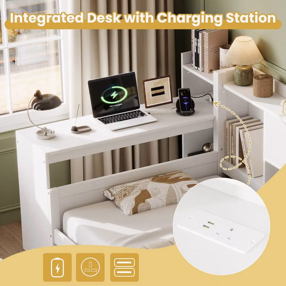 Merax White Solid Wood Single Daybed with Desk, Storage Drawers, Shelves and USB Charging Port, W/D/H: 90 x 190 cm – 5