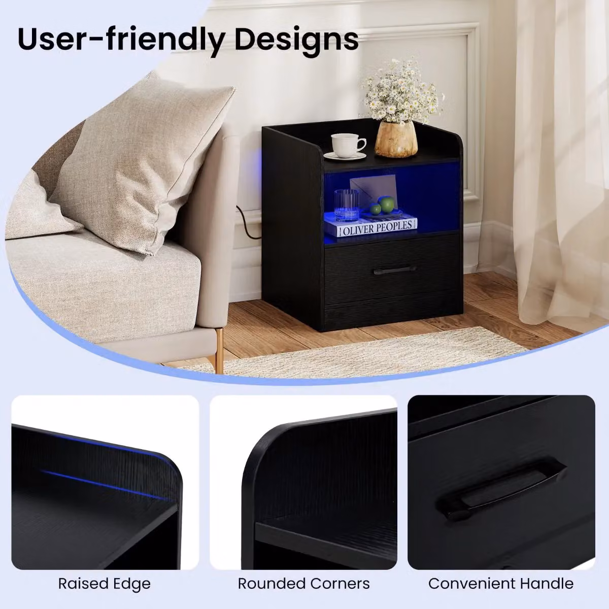 Costway Modern Small Bedside Table with Drawer in Black – 5