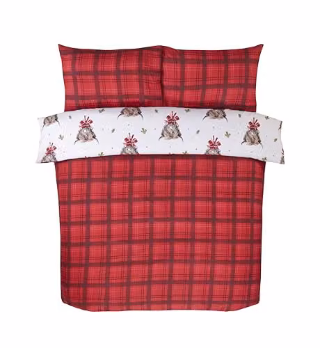 Rapport Home Fergus Reversible Microfibre Checked Duvet Cover Set with Pillowcase, Red and Multicolour Highland Cow Pattern – 4
