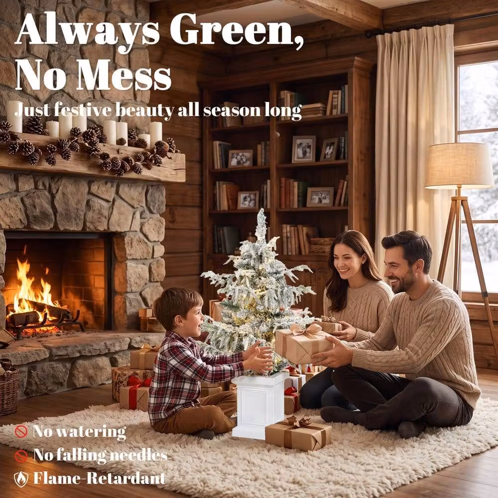 HOMCOM 3ft Prelit Flocked Christmas Tree with 8 LED Light Modes and Remote Control in Green and White – 3