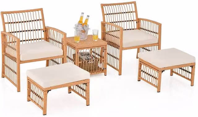 Gymax 5-Piece L-Shape Patio Wicker Sofa Set with Coffee Table and Ottomans in Beige