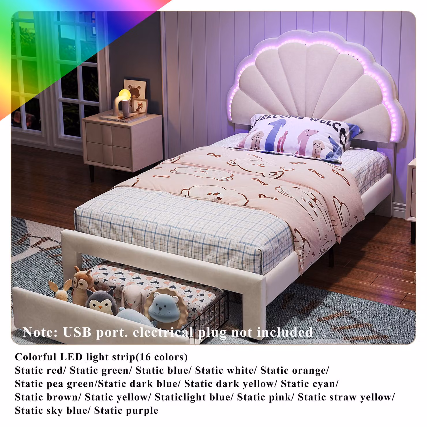 Aosom.UK Beige Velvet Upholstered Single Bed with Shell Backrest, LED Under-Bed Lighting and Storage Drawer, H 114.5 x W 91 x D 200 cm – 4