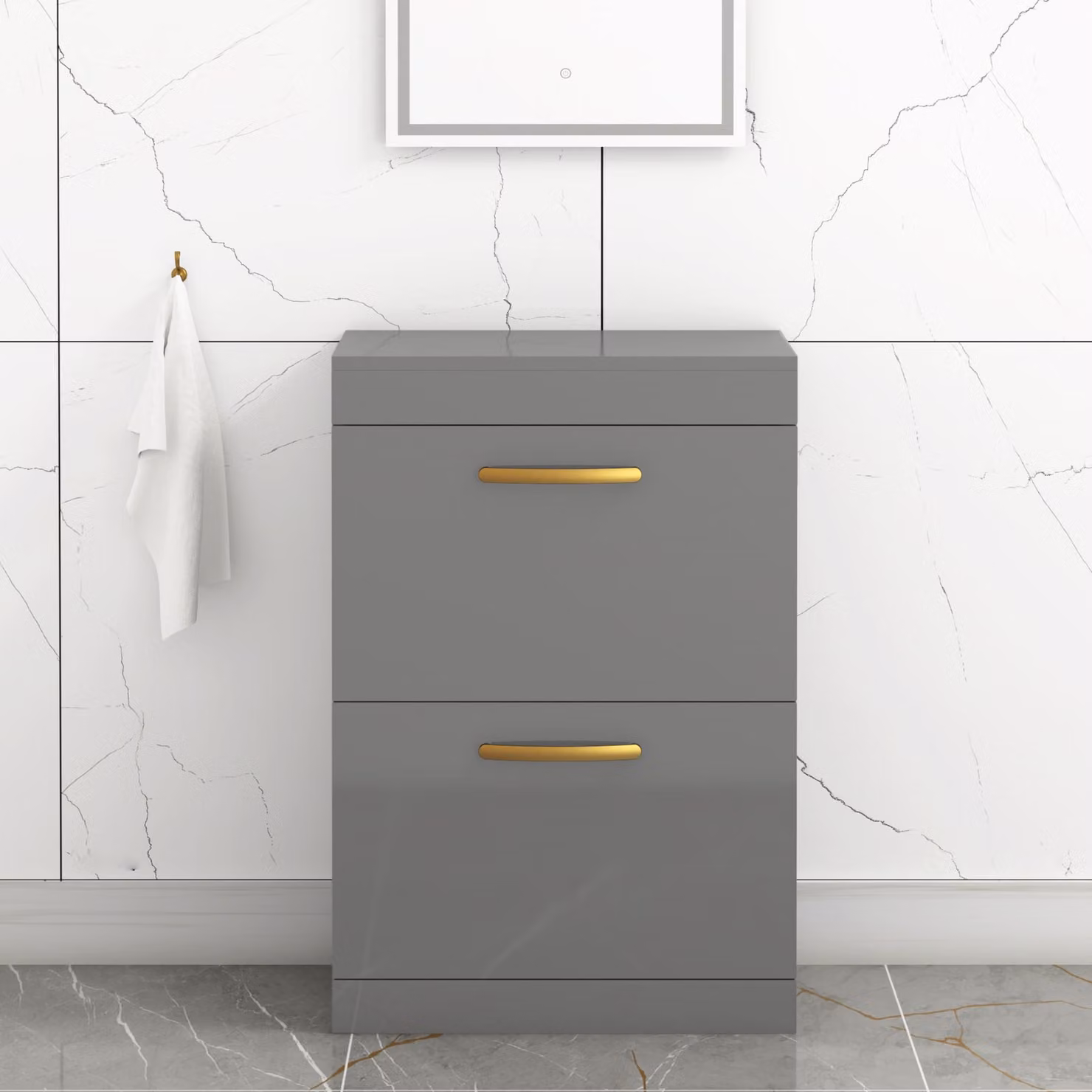 Royal Bathrooms Turin 600mm Indigo Grey Gloss Floor Standing 2 Drawer Worktop Vanity Unit with Brushed Brass Handle