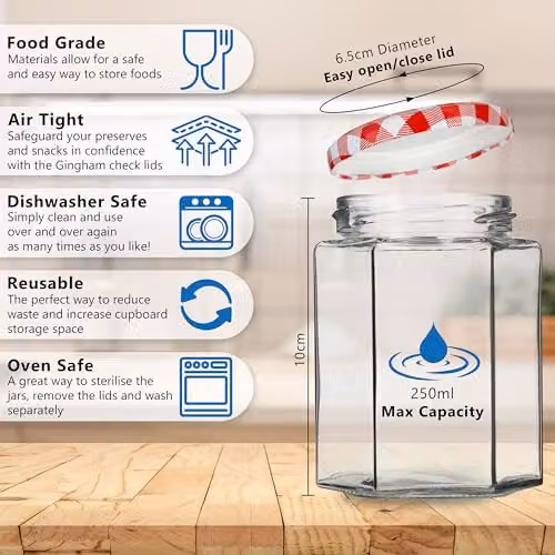 Deco Express Glass Preserving Jars with Airtight Screw Lids, Red, 6 Pack, 250 ml – 2
