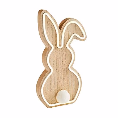 Lights4fun White Wooden Neon Bunny LED Night Light with Timer, 30 cm – 2