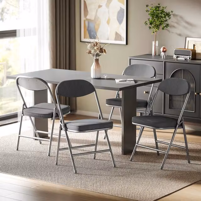 HOMCOM Set of 4 Folding Chairs with Cushioned Fabric Seats and Steel Frame in Dark Grey