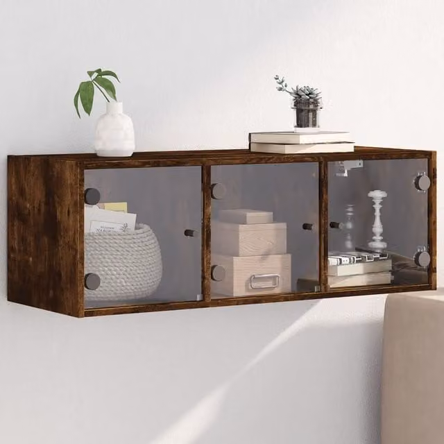 Berkfield Home Wall Mounted Cabinet with Glass Doors in Smoked Oak Brown, W/D/H: 102 x 35 x 37 cm