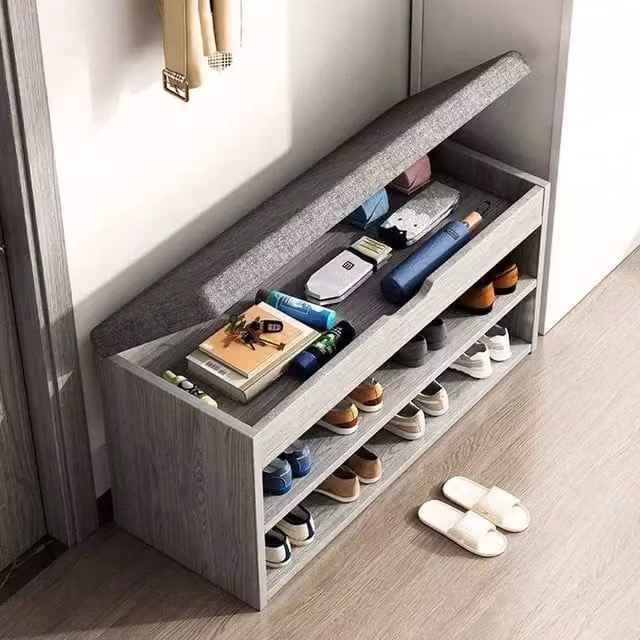 KORVIXA Grey Upholstered Shoe Bench and Storage Rack with Wood Frame, Width: 90 cm – 1