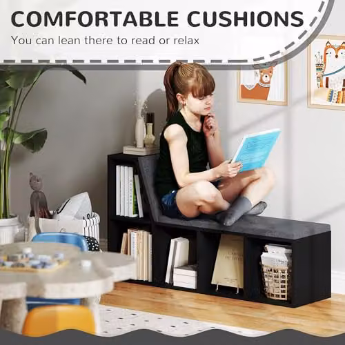 HOMCOM Modern Geometric Black Bookcase Storage Shelf with Cushioned Reading Seat, W/D/H: 108 x 30 x 60 cm – 6