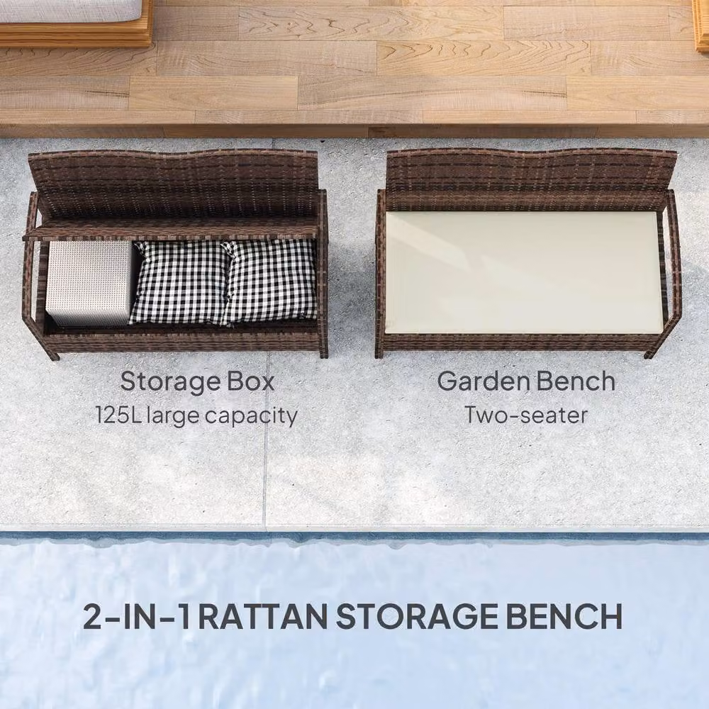 OUTSUNNY Brown Rattan Garden Bench with 125L Storage and Cushions – 3
