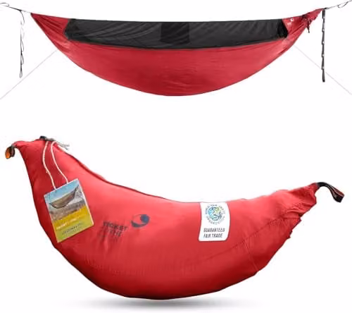 Ticket to the Moon Parachute Hammock Pro with Integrated Mosquito Net, Carabiners and Ridgeline, Bordeaux Red, 325 x 170 cm