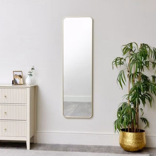 Melody Maison Tall Curved Framed Wall or Leaner Mirror in Metallic Gold H 135 cm x W 40 cm