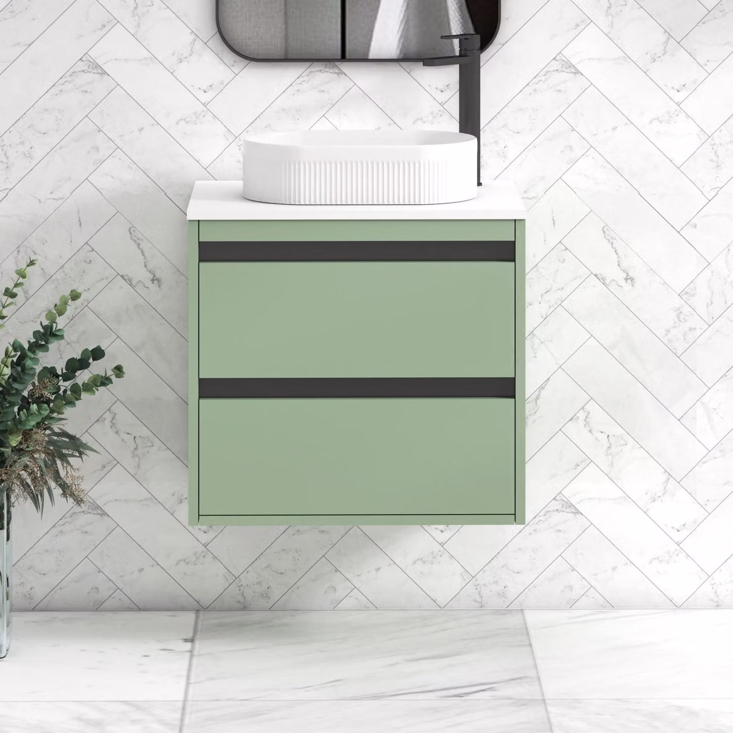 Royal Bathrooms Orion Wall Hung 2 Drawer Vanity Unit in Mint Sage with White Stone Countertop Basin and Black Accent Trim