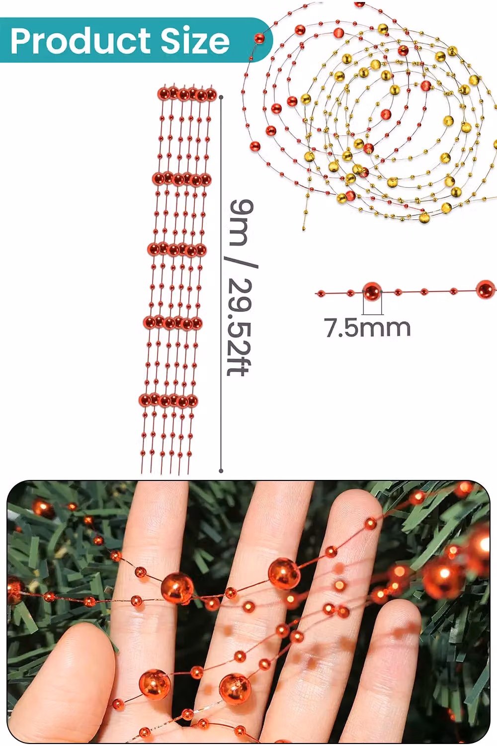 Neel Blue 9m Metallic Bead Chain Christmas Pearl Garland in Red and Gold – 2