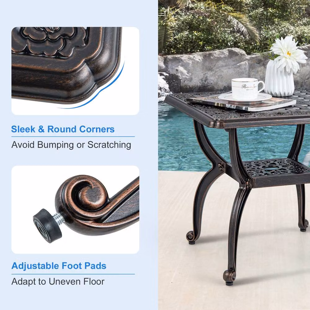 Gymax Square Outdoor Side Table with Shelf in Dark Brown Matt Metal – 4