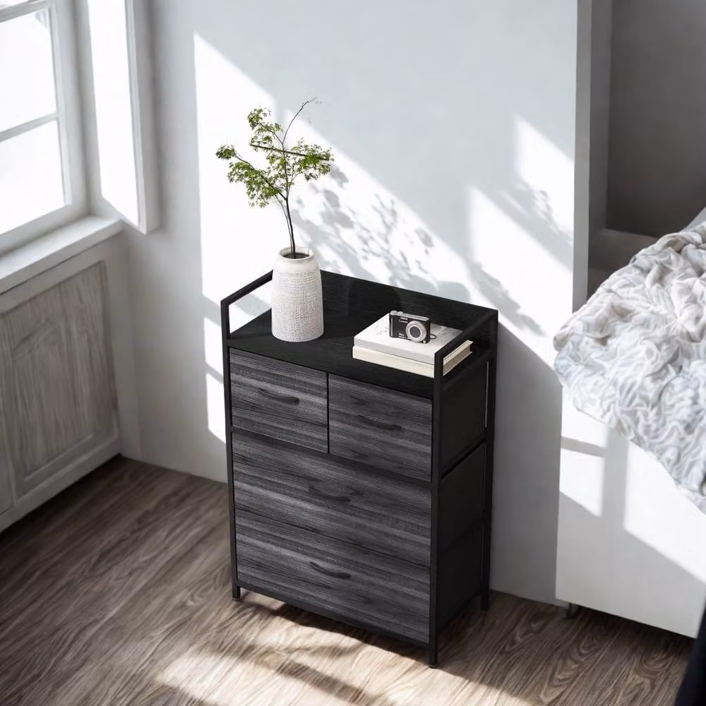 FURNOS Industrial 4 Fabric Drawer Chest Storage Unit with Shelftop, Black, H: 85 cm x W: 60 cm x D: 29 cm – 2
