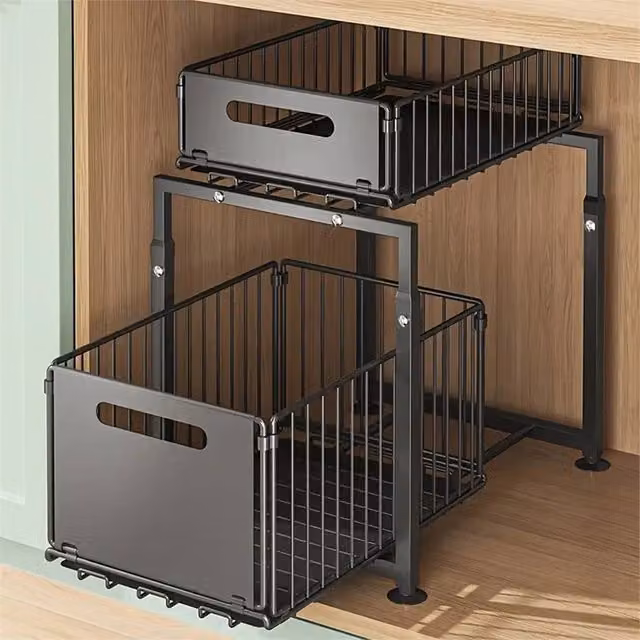 Nordara 2 Tier Under Sink Pull Out Storage Basket Organiser, Black, W: 41.0 cm, D: 37.5 cm – 1