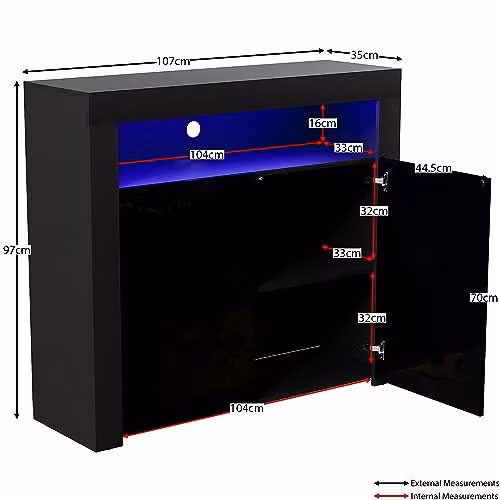 Vida Designs Nova 2 Door Modern High Gloss Black LED Sideboard with Integrated RGB Lighting, W/D/H: 107 x 35 x 97 cm – 2