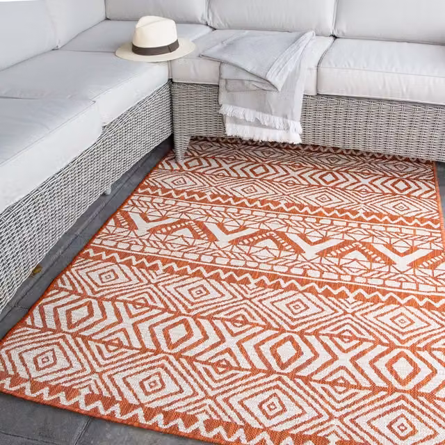 The Rug House Orange Aztec Tribal Flatweave Indoor Outdoor Rug, W: 170 cm, D: 120 cm