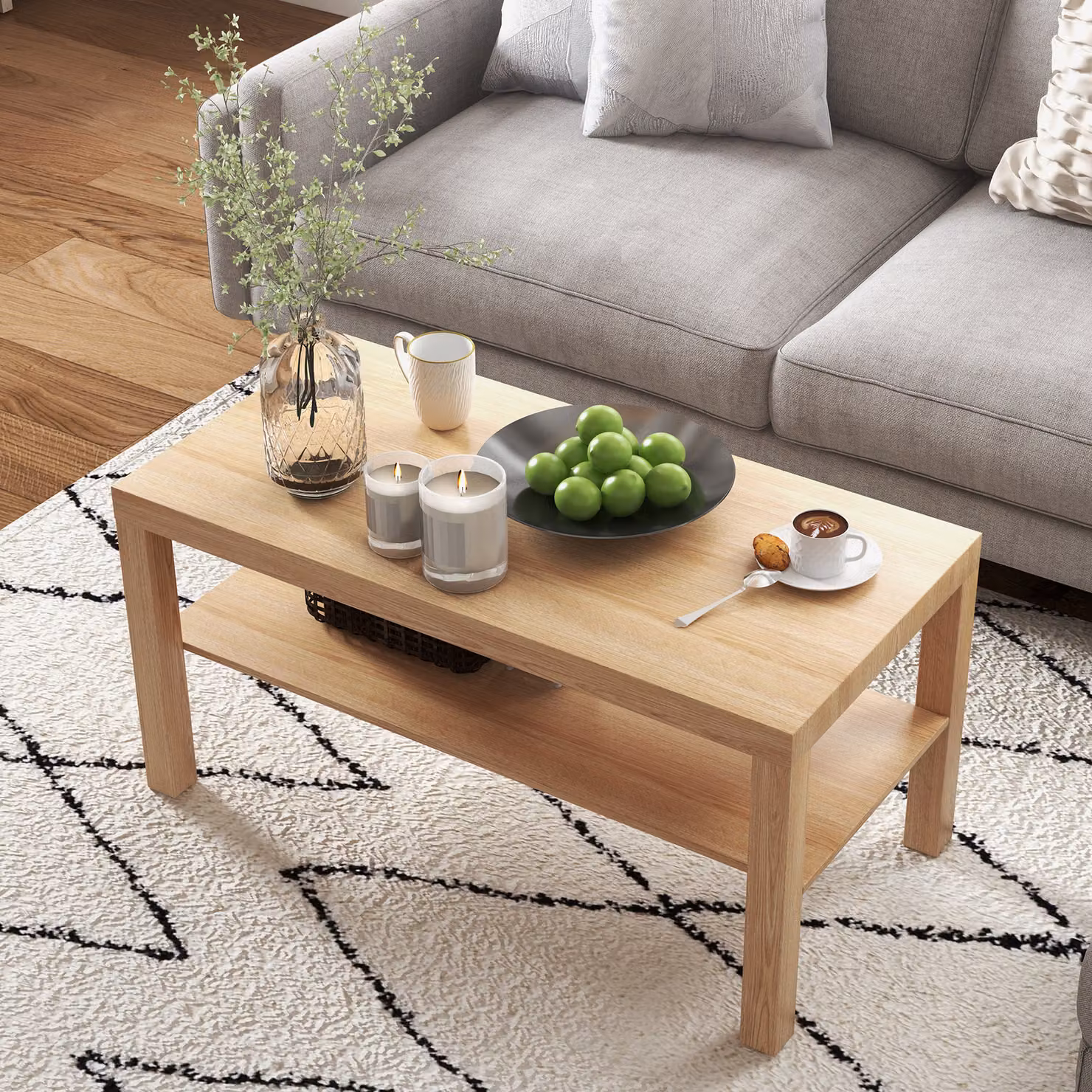 HOMCOM 2-Tier Rectangular Coffee Table with Storage Shelf in Brown Natural Wood Finish – 3