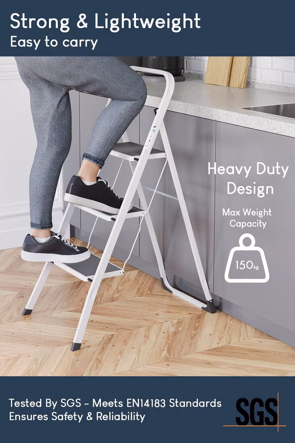 HD Designs 3 Step Folding Step Ladder with Anti-Slip Mat in White – 4