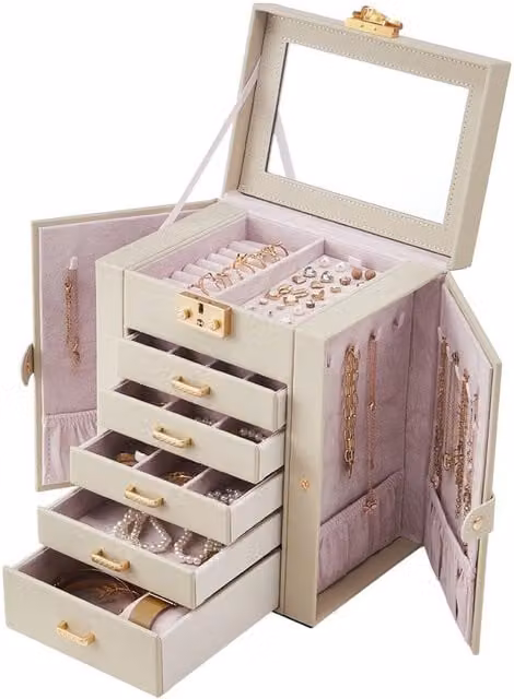 Komore White Leather and Fabric Multi-Drawer Jewellery Box