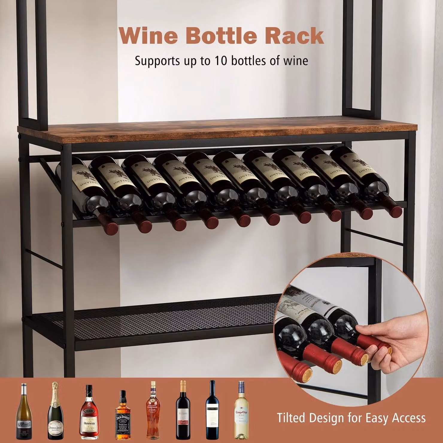 Costway 6-Tier Industrial Kitchen Baker Rack and Microwave Stand with Slanted Wine Bottle Holder in Brown – 4