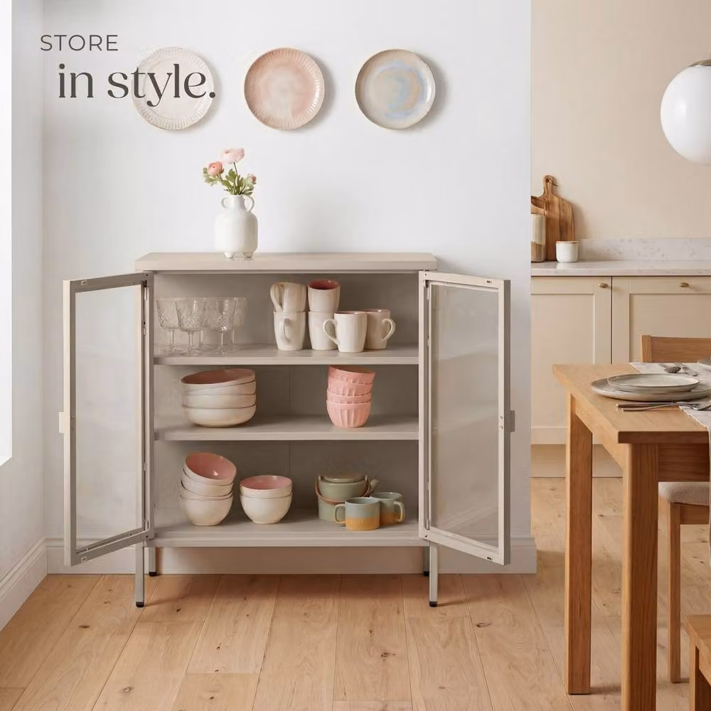 tectake Baker Metal Display Case in Taupe with Glass Doors and Internal Shelves, W/D/H: 80.0 x 90.5 x 200.0 cm – 5
