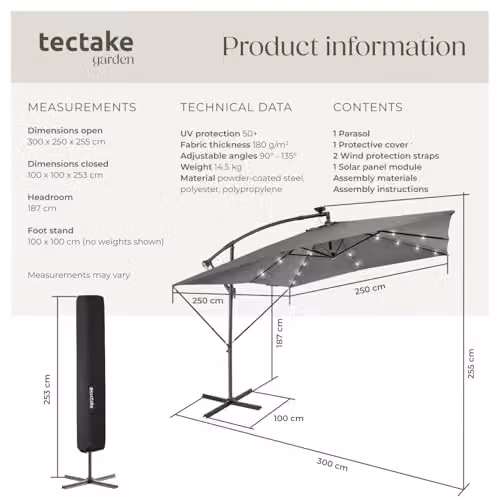 tectake Garden Parasol with Solar LED Lights, Water-Repellent Polyester Canopy and Hand Crank, Light Grey, W/D/H: 250 x 250 x 250 cm – 6