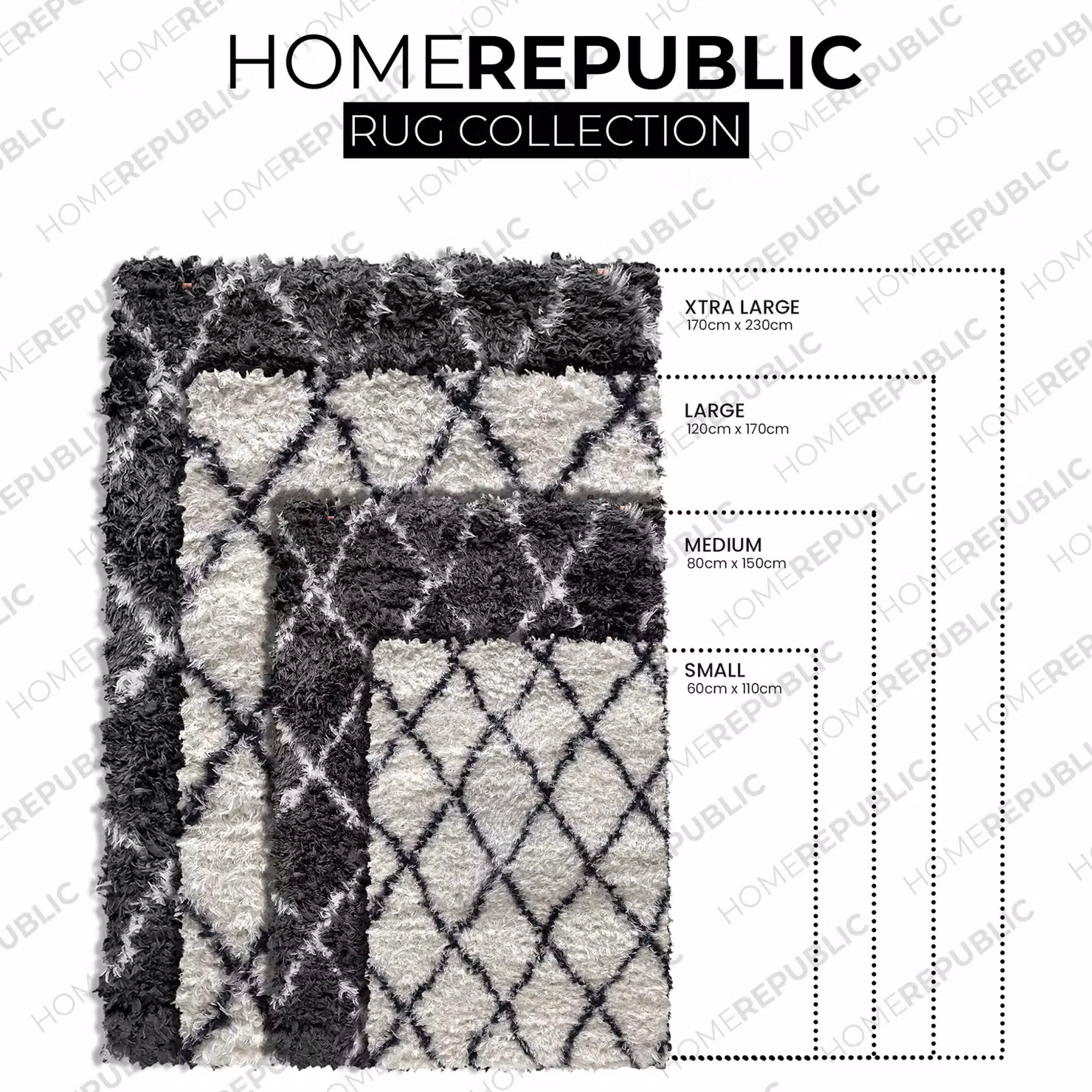 Home Republic Linhas Fluffy Diamond Rug in White, W: 60 cm, D: 100 cm – 2