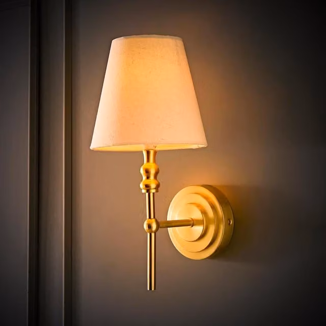 ValueLights Maggie Candlestick Wall Light with Linen Tapered Shade and Bulb in Gold/Brass