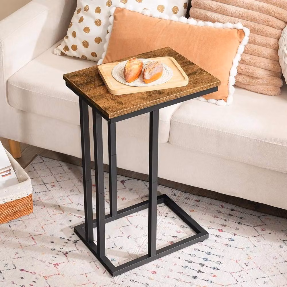 VOGREX Rustic Brown Slim C-Shaped Side Table with Wood and Metal Sled Base – 3